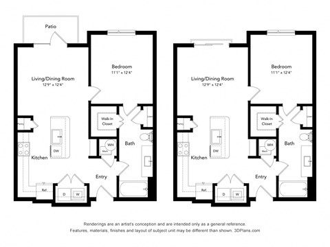 Floor plan for 1 bed, 1 bath, 731 sqft